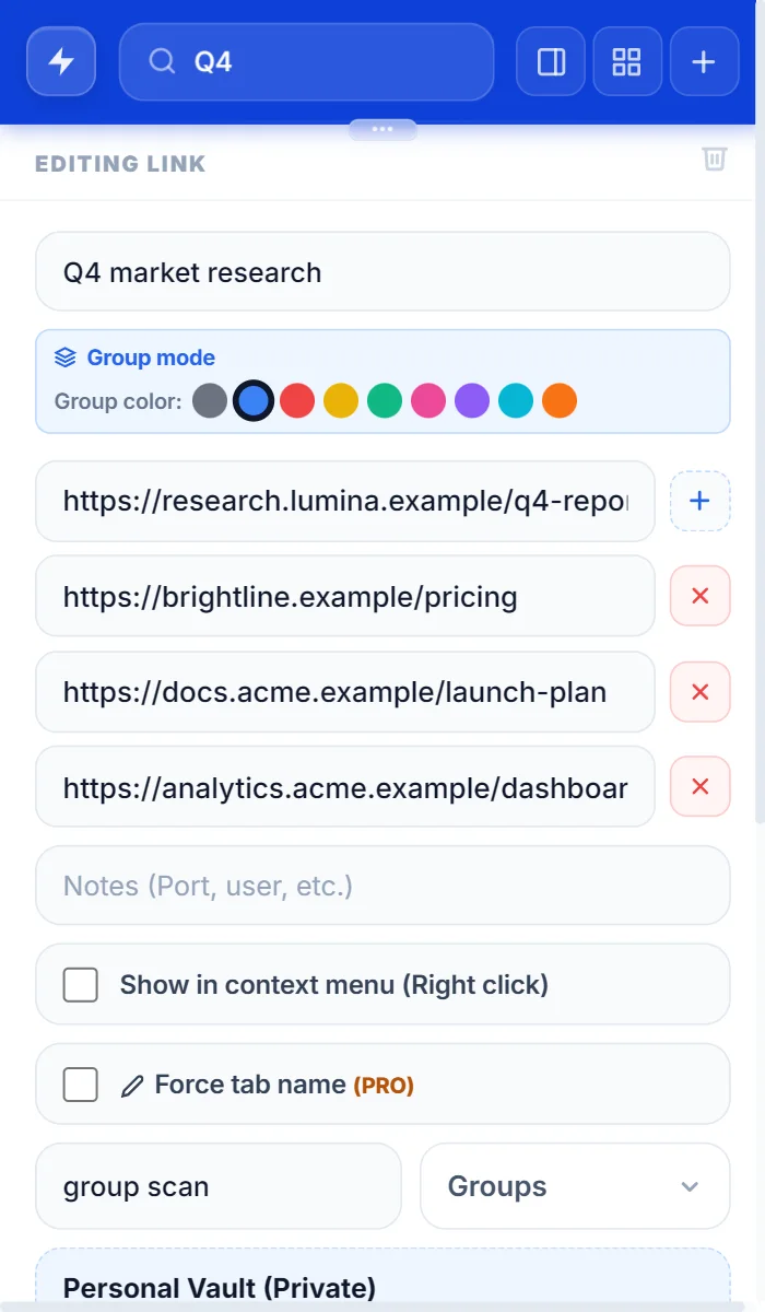 A NexoPad group being edited, with four addresses and the color picker
