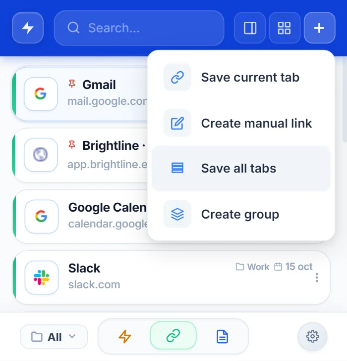 NexoPad popup + menu with the Save all tabs option