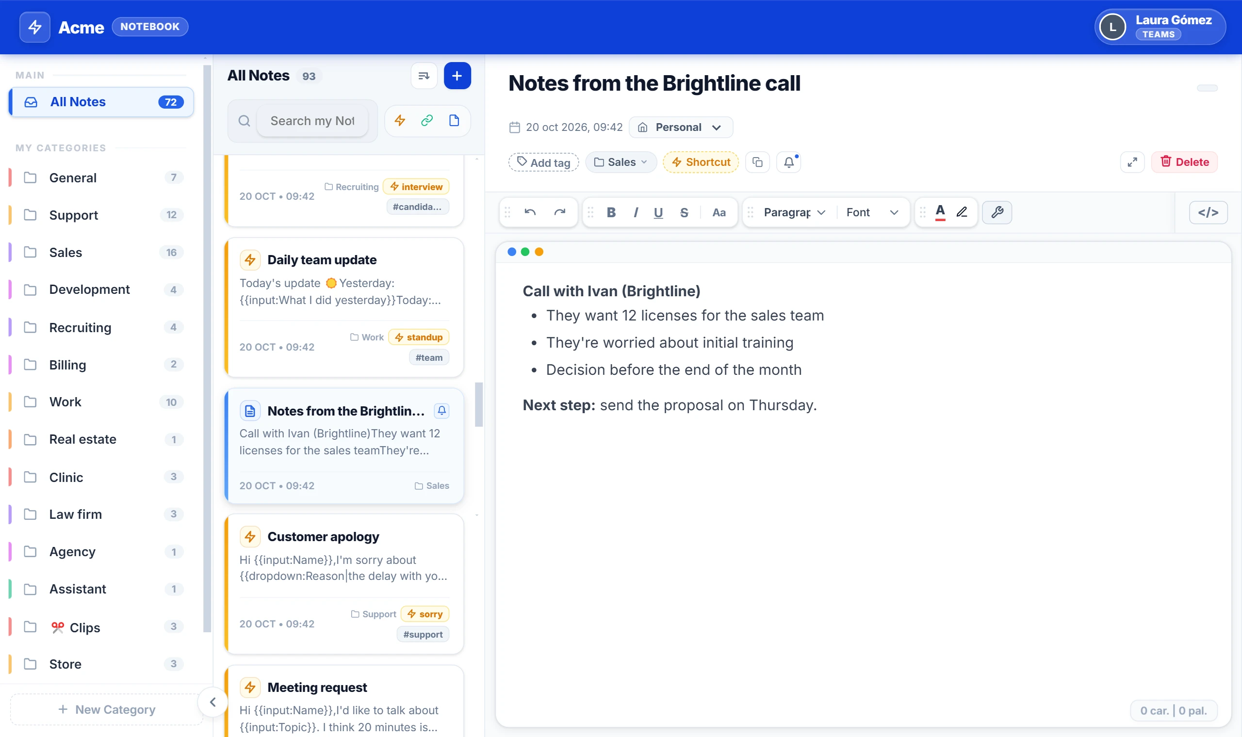 NexoPad-Notebook mit der Notiz zum Gespräch mit Brightline: 12 Lizenzen, Sorge wegen der Ersteinweisung, Entscheidung bis Monatsende und Angebot am Donnerstag schicken