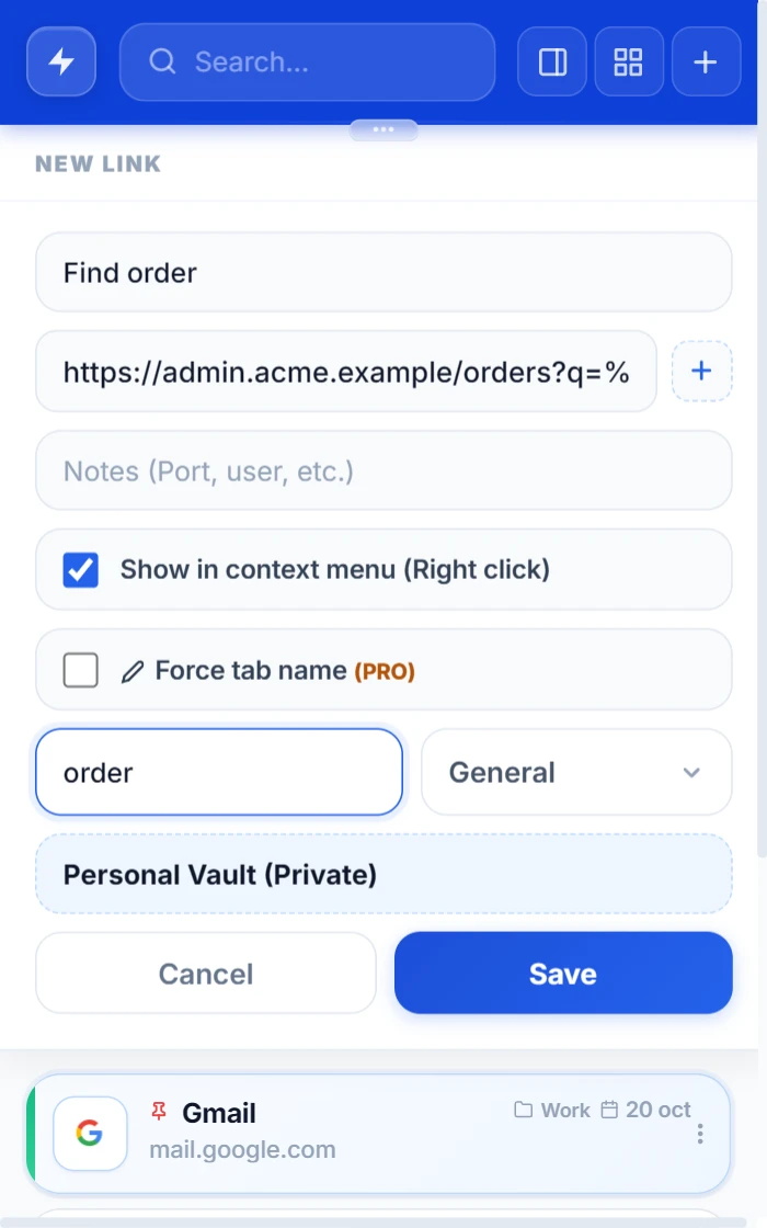 Formulaire de lien NexoPad avec le nom Find order, une adresse avec %s, l'option clic droit cochée et l'étiquette order