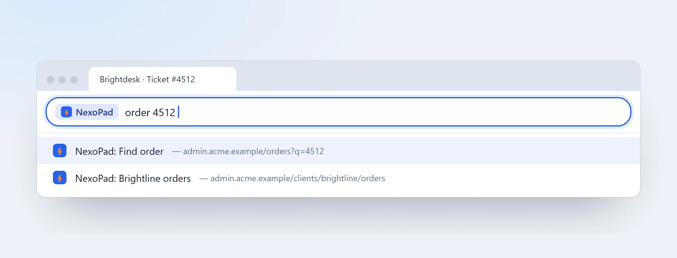 Barre d'adresse de Chrome avec le texte sys order 4512 et les suggestions de NexoPad en dessous