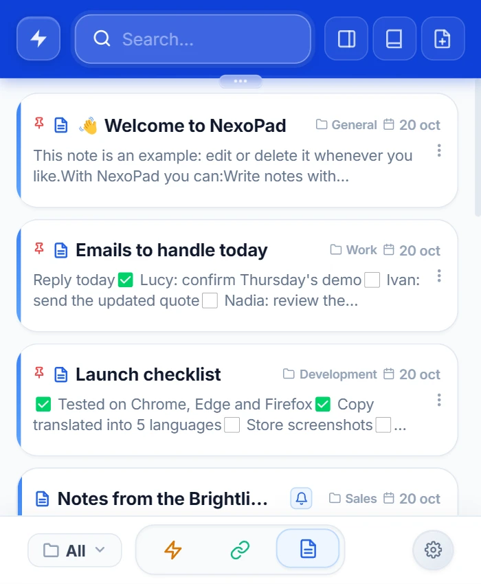 NexoPad-Popup im Notizmodus mit mehreren Notizen, eine davon mit Erinnerung