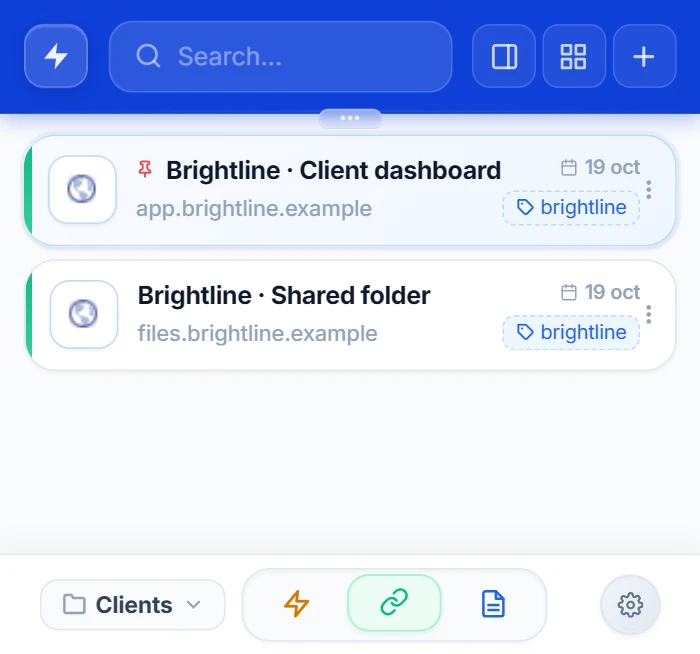 NexoPad-Popup mit der Linkliste, gefiltert nach dem Ordner Clients, mit zwei Brightline-Links