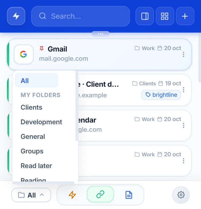 NexoPad-Popup mit geöffneter Ordnerliste: All und My folders mit Clients, Development, General und Groups