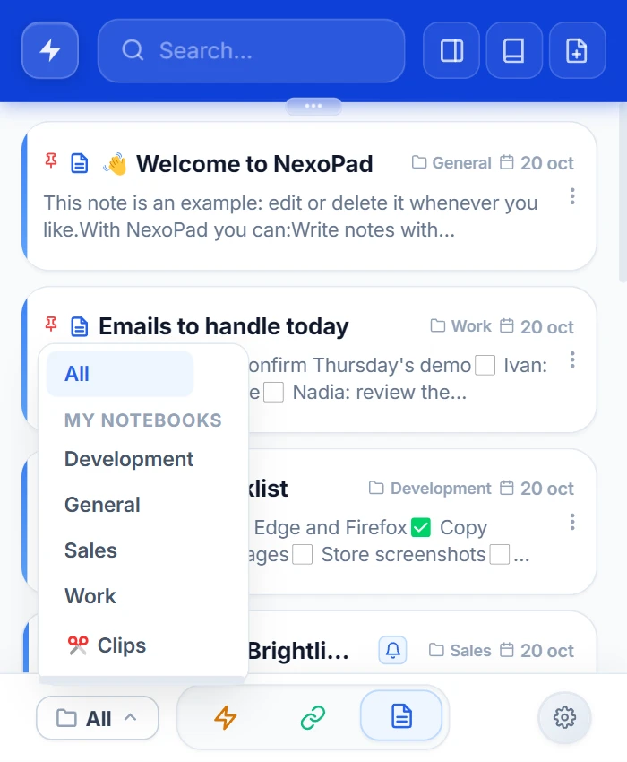NexoPad-Popup im Notizmodus mit geöffneter Ordnerliste: All, My notebooks: Development, General, Sales, Work und Clips