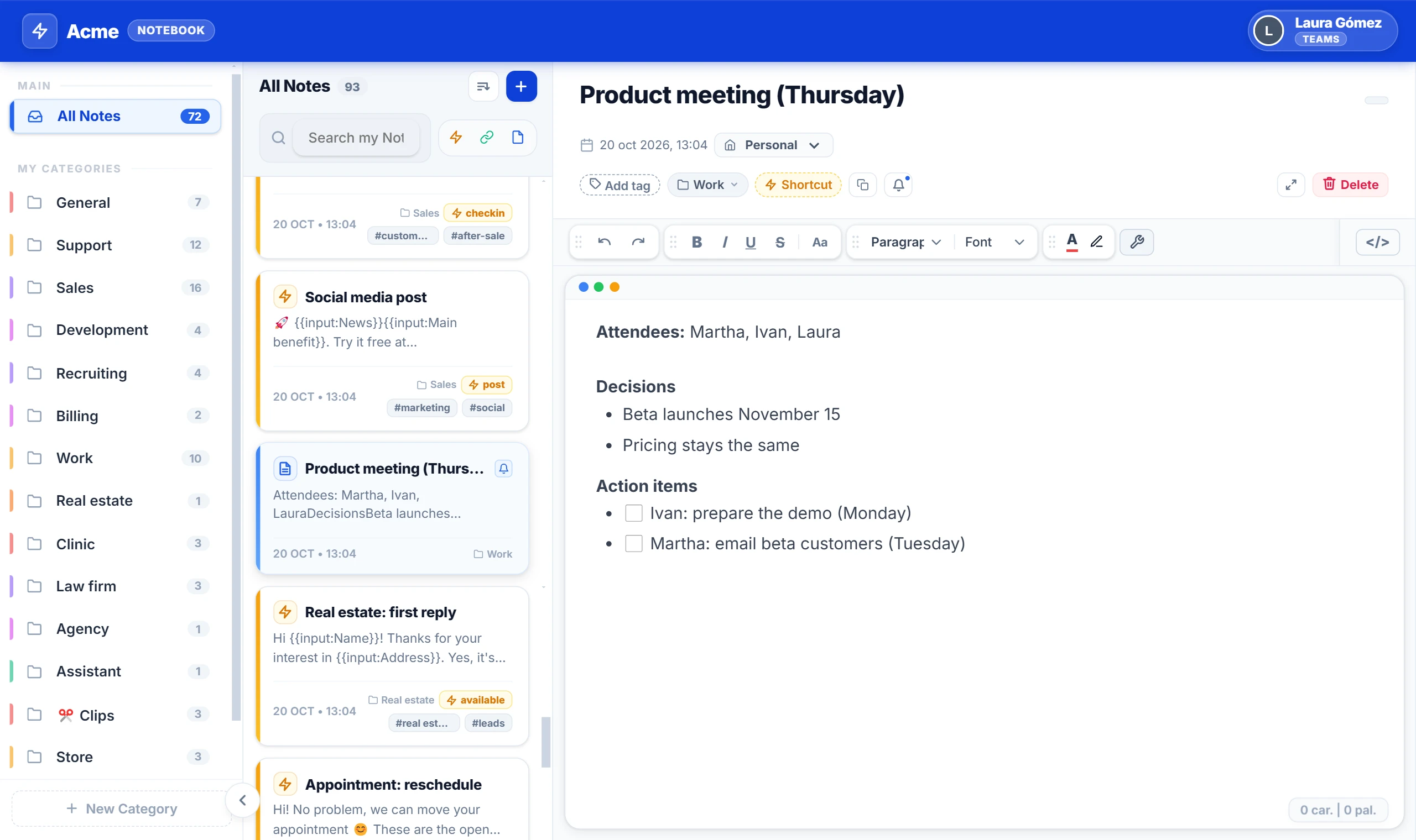 NexoPad-Notebook mit Ordnern links, der Notizliste und der geöffneten Notiz „Product meeting (Thursday)“ mit Teilnehmern und Punkten
