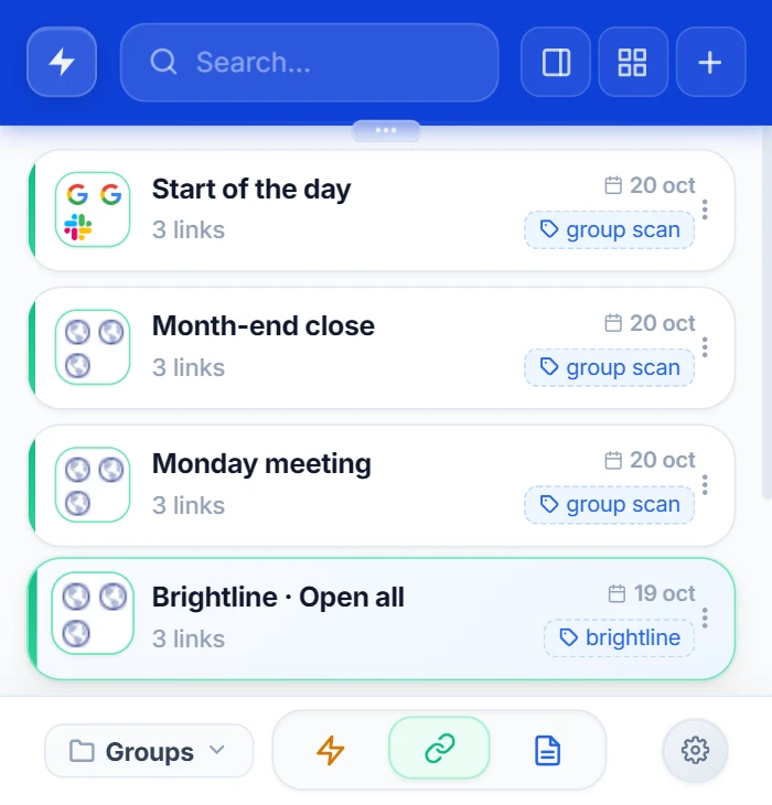 NexoPad-Popup, gefiltert auf den Ordner für Gruppen, mit vier Arbeitsgruppen mit je 3 Links