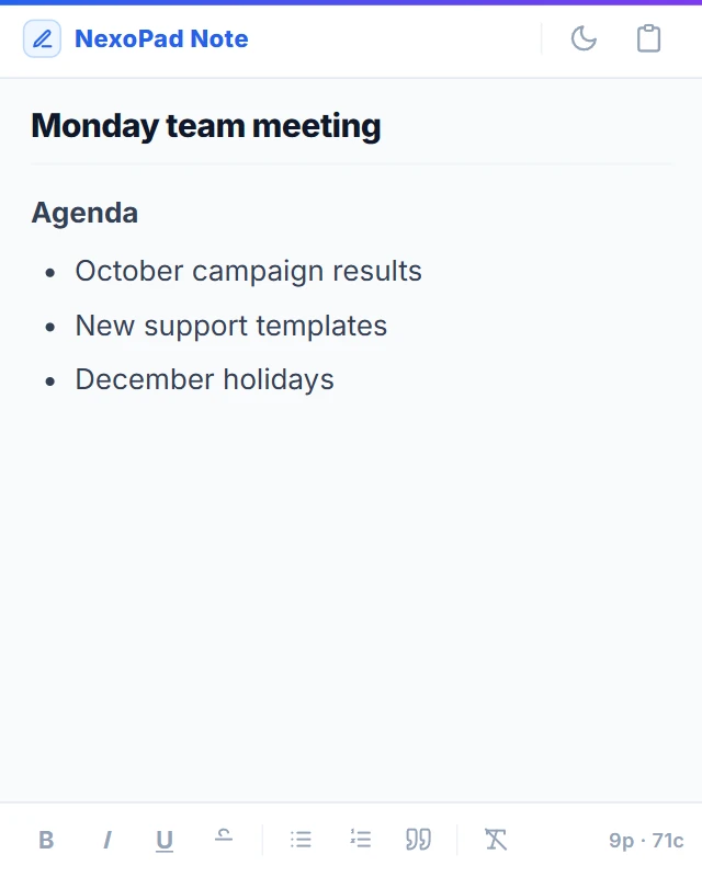 Notiz zum Team-Meeting am Montag, geöffnet als schwebendes Post-it mit einer Themenliste