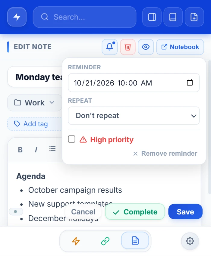 Notizeditor im Popup mit geöffneter Erinnerung: 21.10.2026 um 10:00 Uhr, ohne Wiederholung und mit dem Kästchen für hohe Priorität
