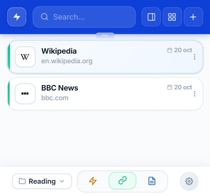 NexoPad-Popup mit Links, gefiltert nach dem Ordner Reading: Wikipedia und BBC News