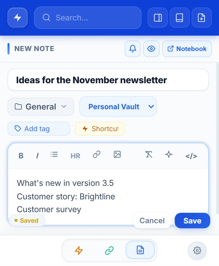 NexoPad-Popup mit einer neuen Notiz namens „Ideas for the November newsletter“ und drei Zeilen Text
