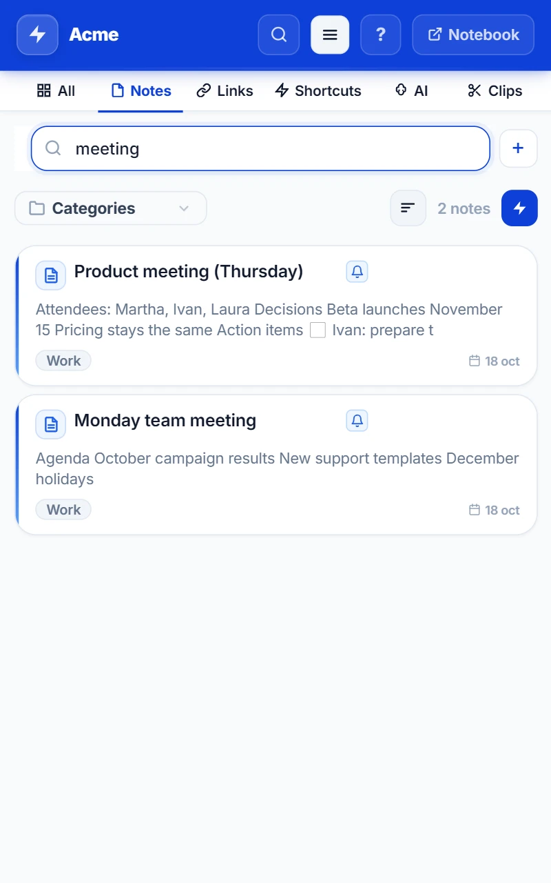 NexoPad-Seitenleiste im Tab Notizen mit der Suche „meeting“ und zwei Besprechungsnotizen als Ergebnis