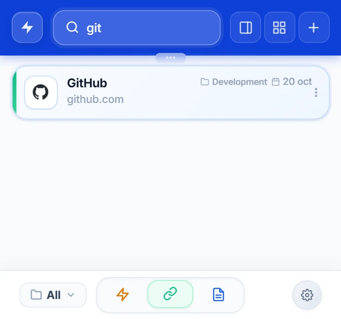 Popup NexoPad dans la vue des liens avec la recherche « git » affichant le lien GitHub