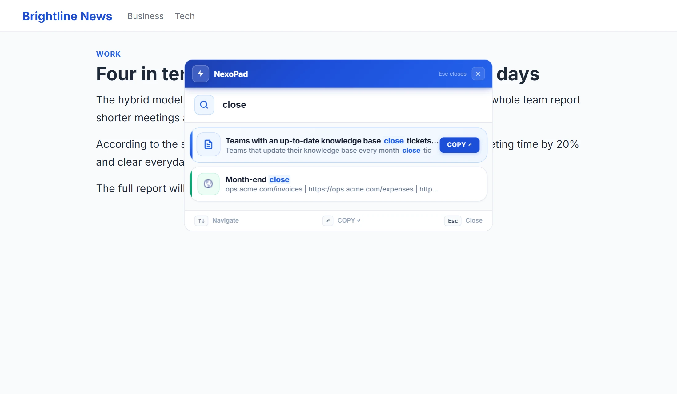 News page with the NexoPad Ctrl+K search open on top, showing the saved group "Month-end close" after typing "close"