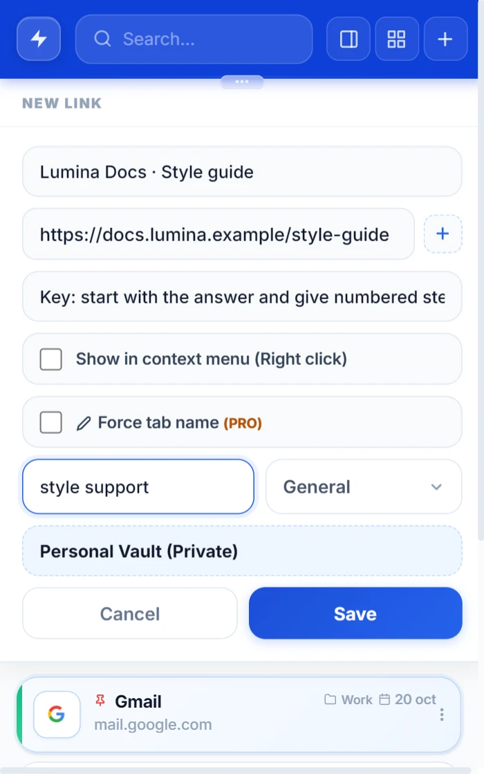 Formular für einen neuen Link im NexoPad-Popup mit Name, URL, einer Notiz und Tags