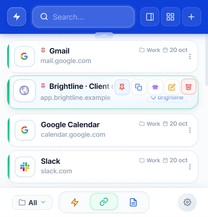 NexoPad-Popup mit der Linkliste und den Schaltflächen Anheften, Kopieren, Inkognito, Bearbeiten und Löschen auf einer Karte