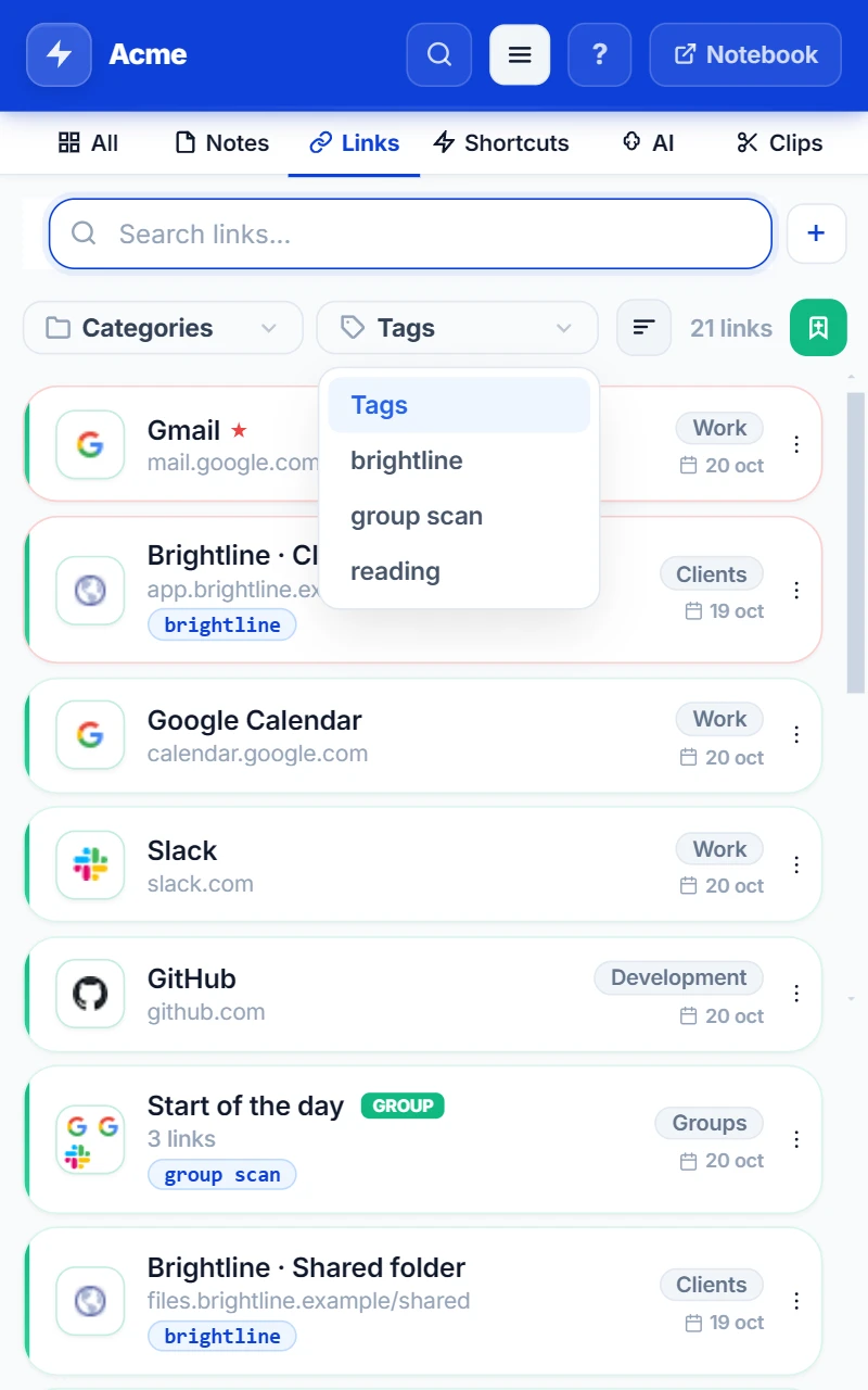 NexoPad-Seitenleiste unter Links mit geöffnetem Tag-Filter: brightline, group scan und reading