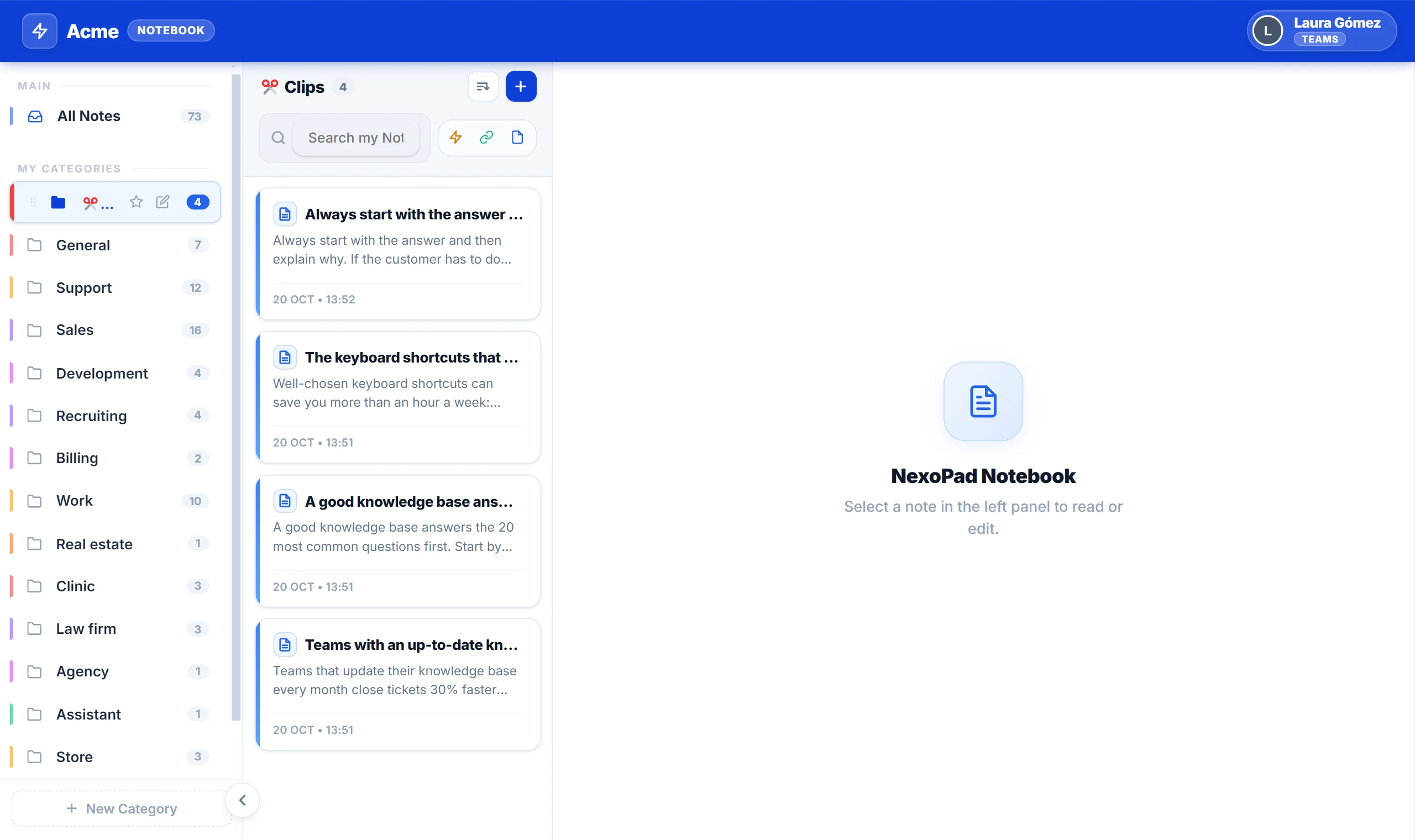 Notebook de NexoPad avec le dossier ✂️ Clips ouvert et la liste des extraits enregistrés