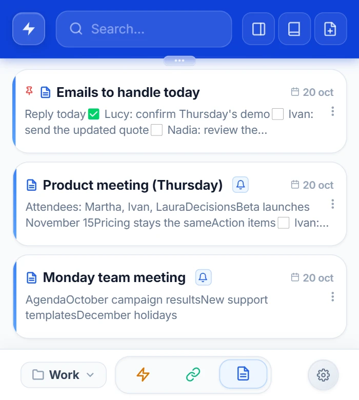 Popup NexoPad avec les notes filtrées par le dossier de travail