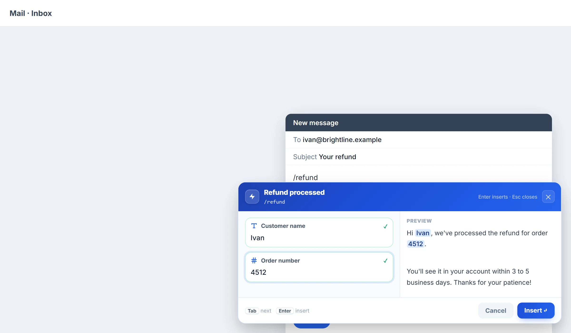 Fenster für eine neue E-Mail („New message“) mit dem getippten Kürzel /refund und daneben das Variablenformular von NexoPad mit der Vorschau der Erstattungsantwort