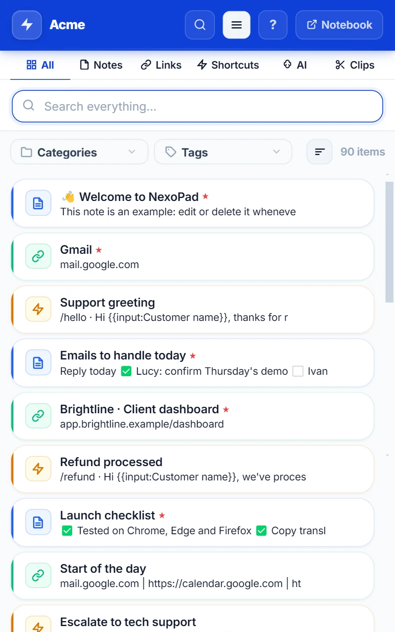 NexoPad-Seitenleiste im Tab Alle mit Notizen, Links und Kürzeln in derselben Liste