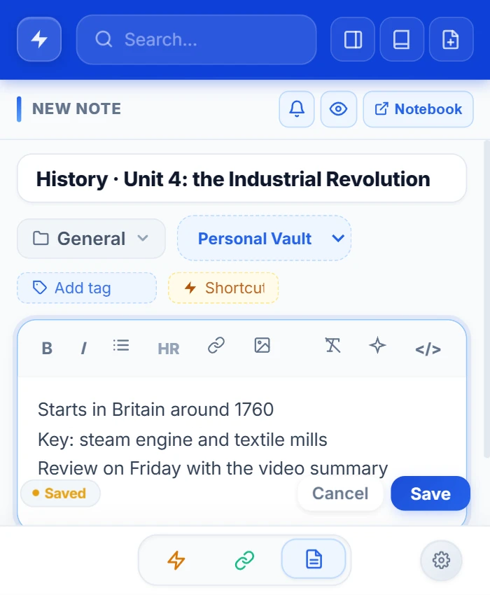 NexoPad-Popup mit einer neuen Notiz mit dem Titel „History · Unit 4: the Industrial Revolution“ und drei Zeilen Notizen