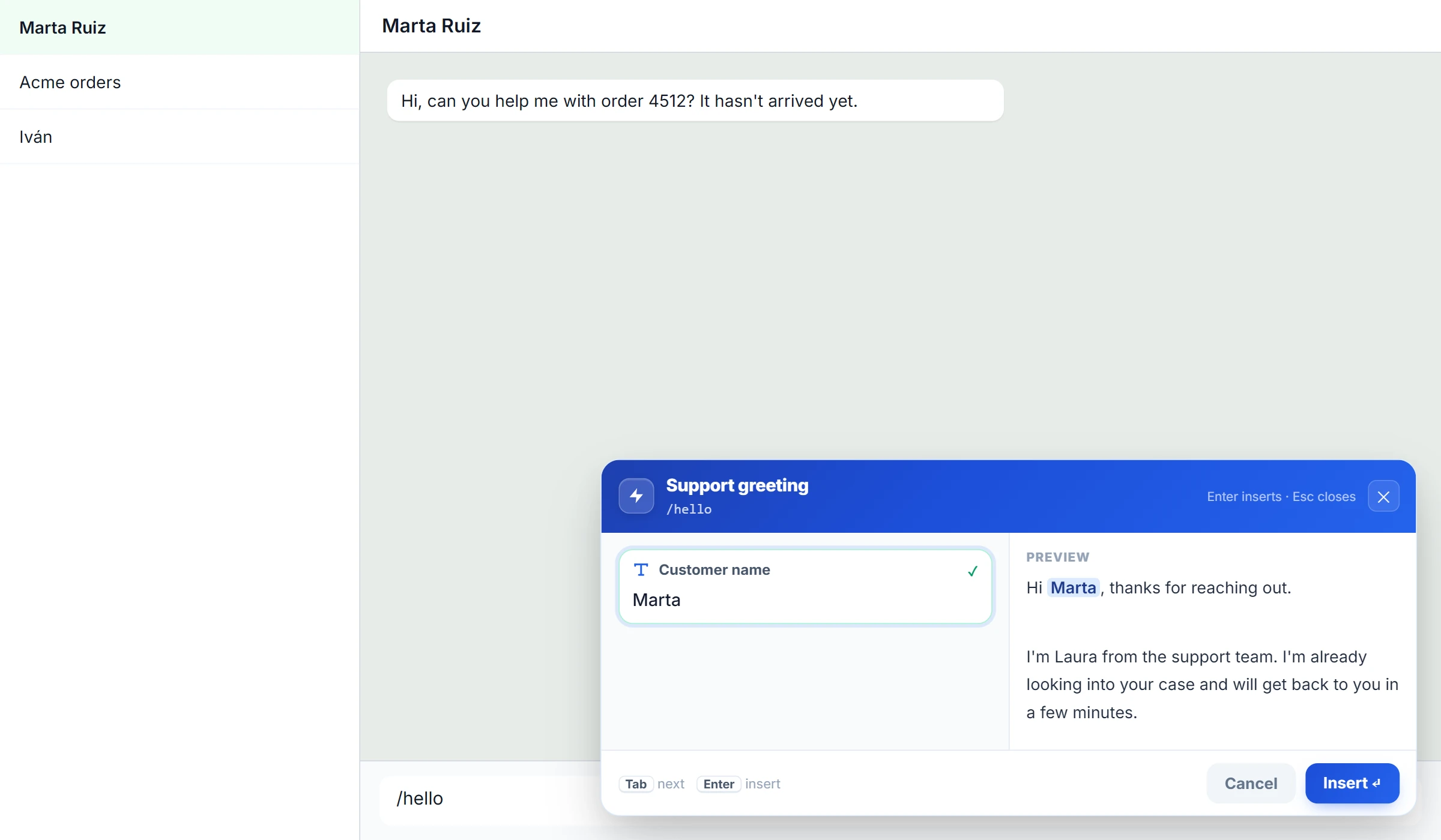 NexoPad variables form in a chat in the browser: after typing /hello, it asks for the customer's name and shows a preview of the greeting