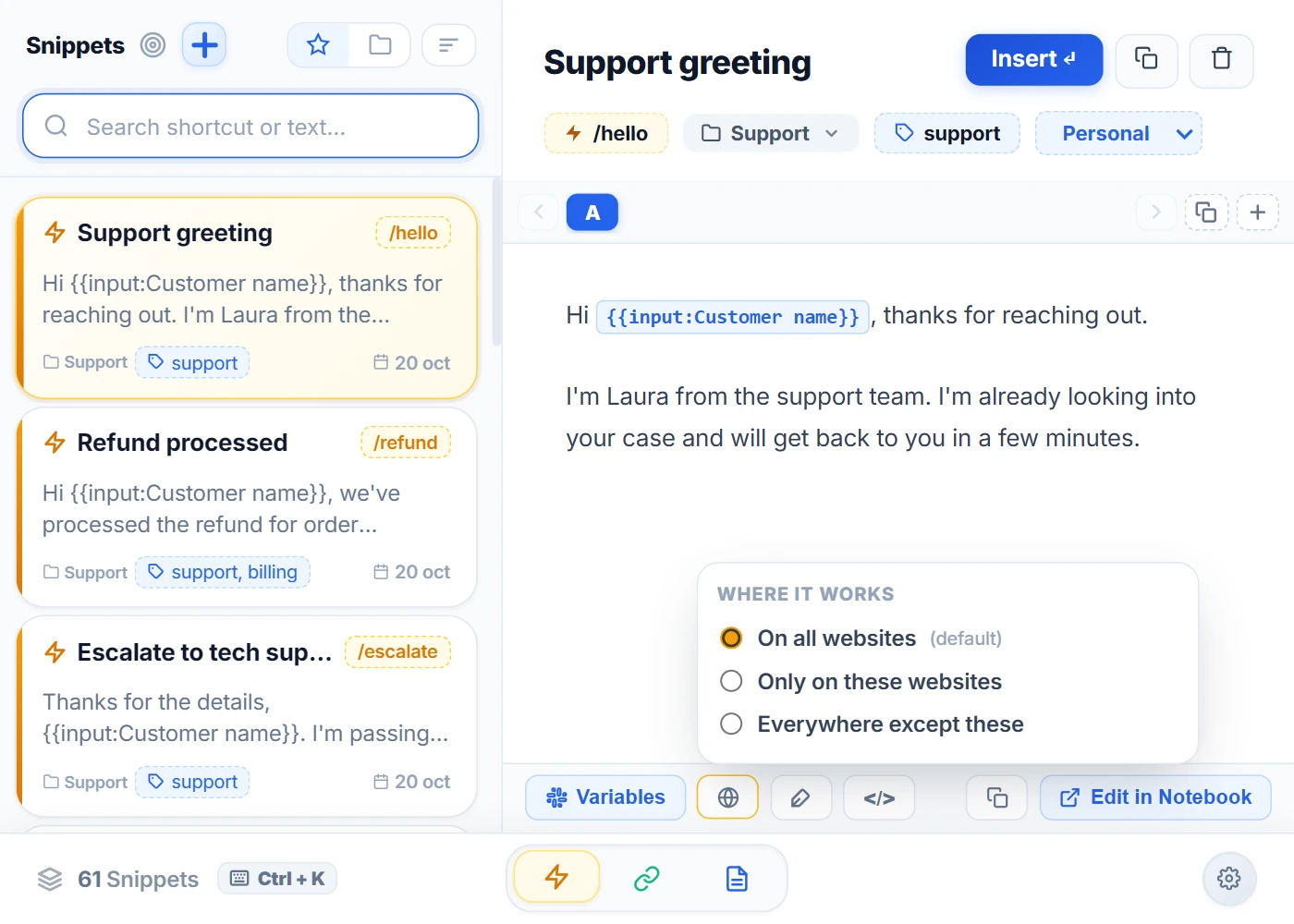 Éditeur de raccourcis du popup NexoPad avec le raccourci /hello ouvert et le menu qui définit où il fonctionne : sur tous les sites, seulement sur certains sites ou partout sauf certains
