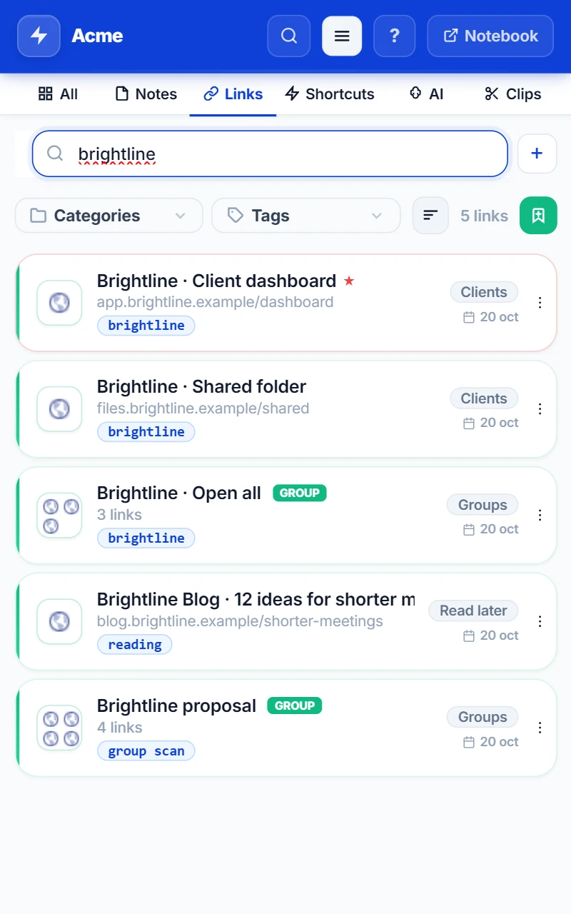 Tab Links in der Seitenleiste von NexoPad mit der Suche „brightline“: Links des Kunden Brightline mit dem Tag brightline und die Gruppe „Brightline · Open all“ mit 3 Links
