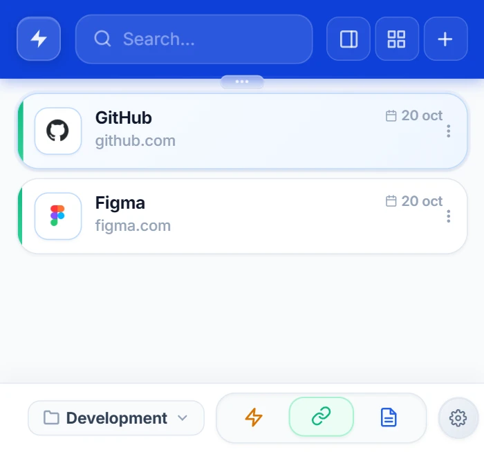 NexoPad-Popup mit Links, gefiltert nach dem Ordner Development: GitHub und Figma