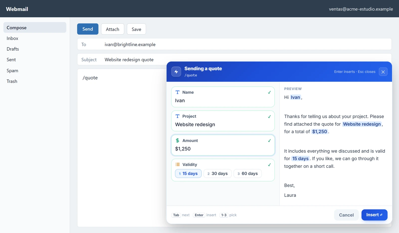 NexoPad-Formular über dem Verfassen-Fenster eines Webmails nach Eingabe eines Kürzels, mit den Feldern Name, Project, Amount und einer Auswahlliste Validity