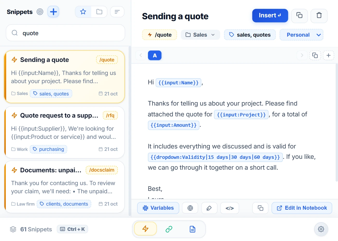 NexoPad popup Snippets view: searching “quote” filters the list, and the “Sending a quote” snippet (/quote), in the Sales folder, is open with the Name, Project and Amount variables and the Validity dropdown