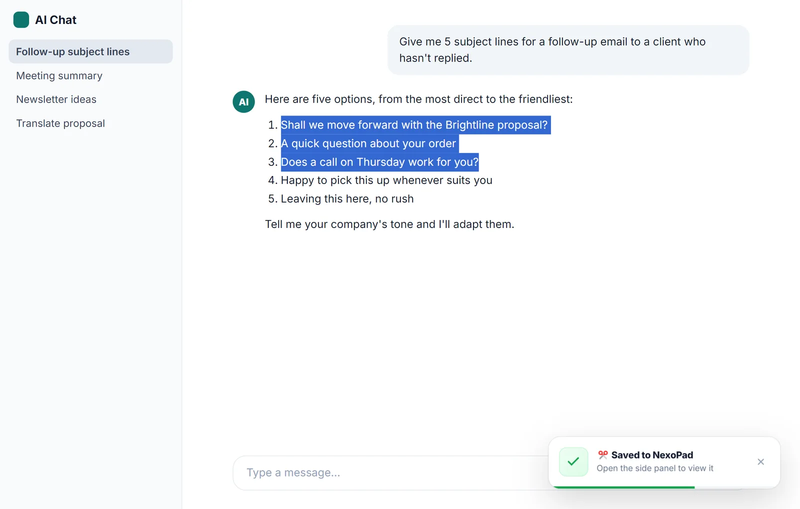 KI-Chat-Seite mit einem markierten Teil einer Antwort und der NexoPad-Bestätigung, dass der Ausschnitt gespeichert wurde