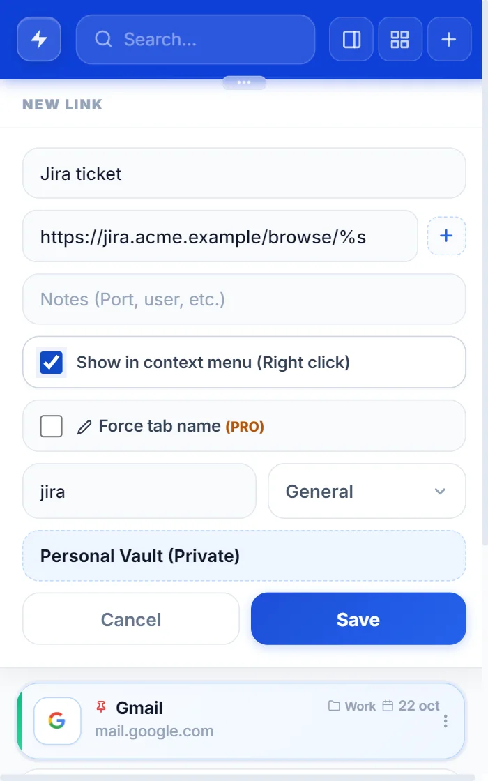 Formulário de link do NexoPad com um endereço de tickets que termina em %s