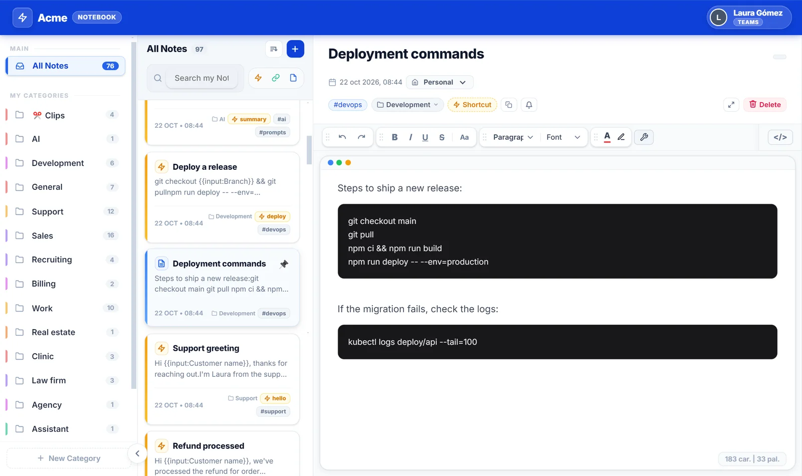 Notebook do NexoPad com uma nota técnica que tem um bloco de código com comandos
