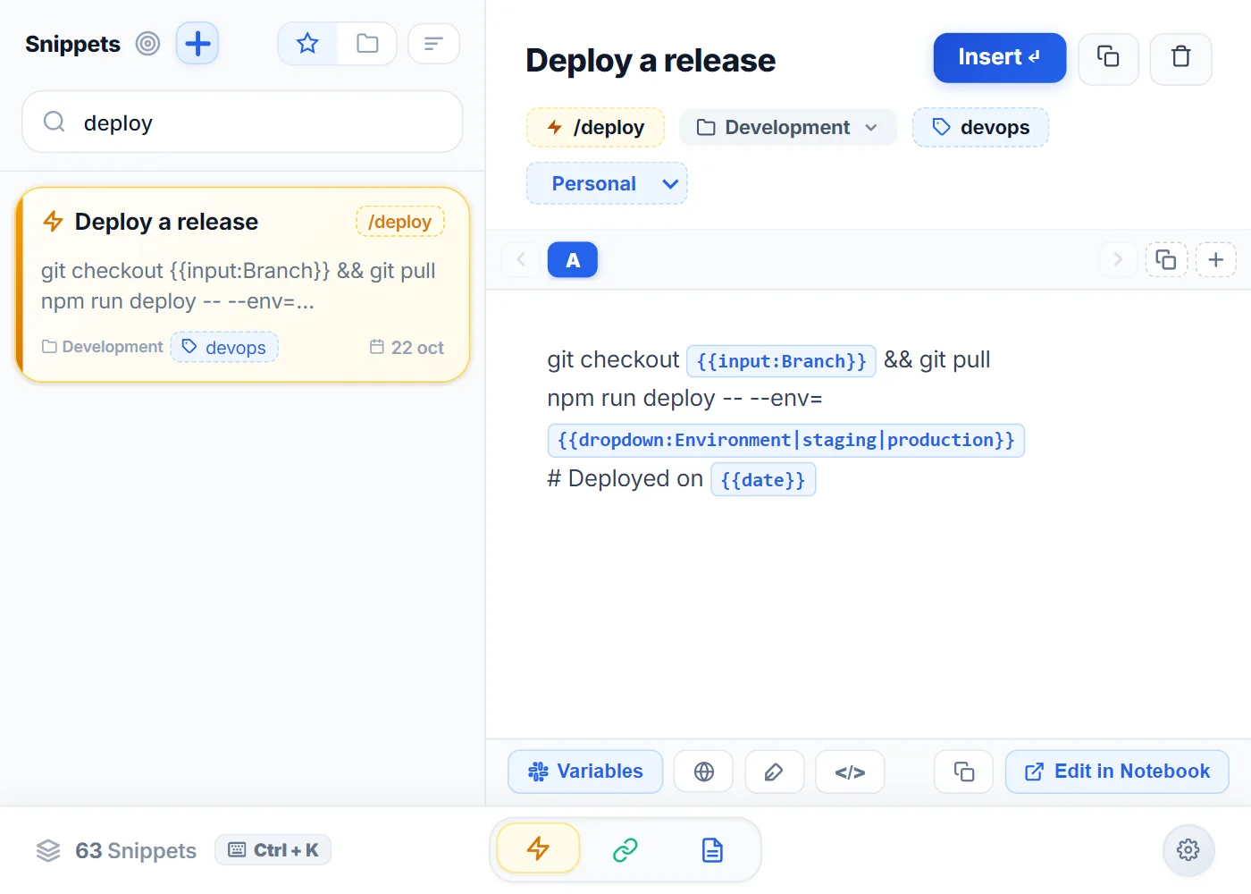 Popup do NexoPad com o snippet de comando /deploy aberto e suas variáveis