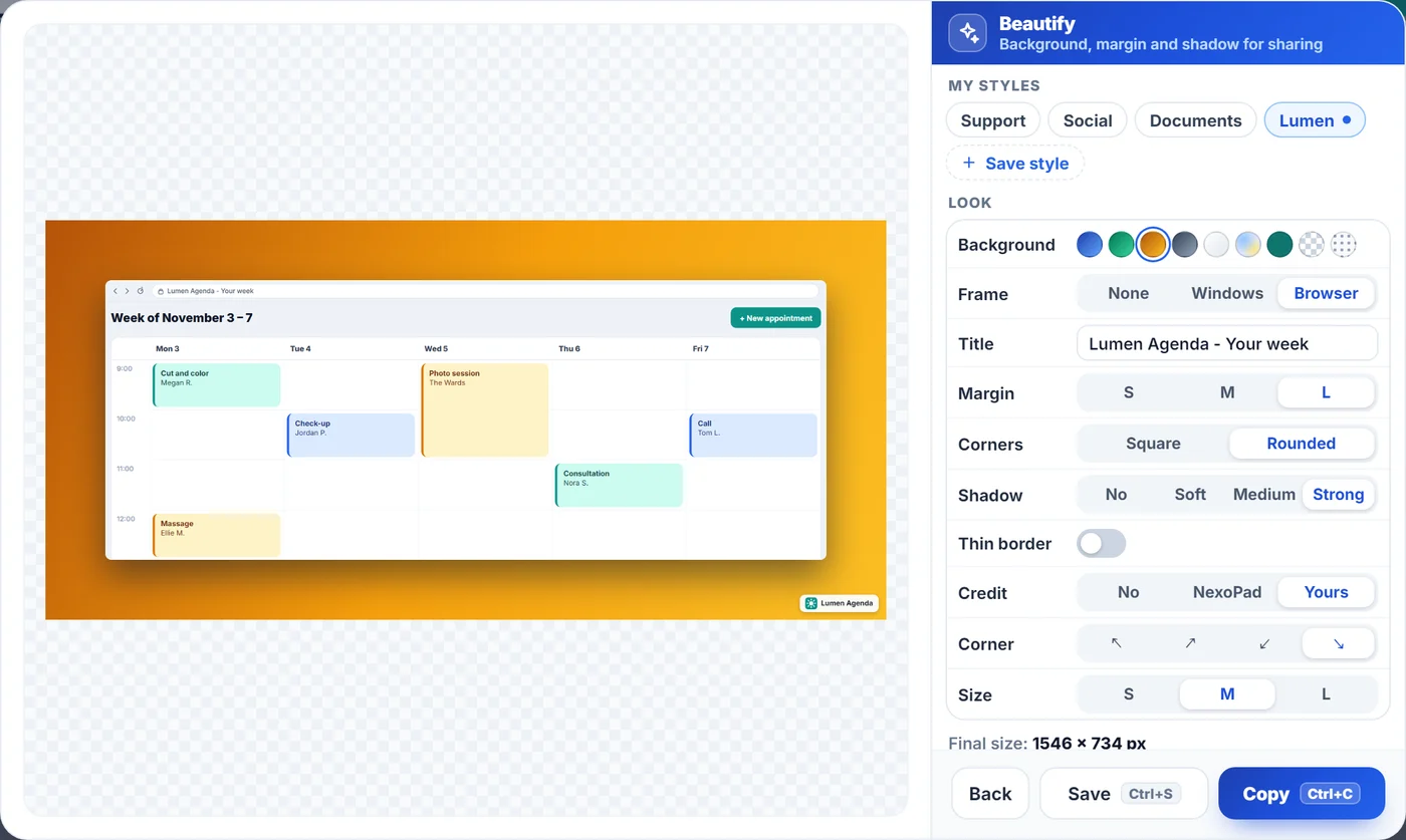 Janela Embelezar do NexoPad com um calendário semanal sobre fundo âmbar, moldura de navegador, sombra forte e o logo da empresa no canto