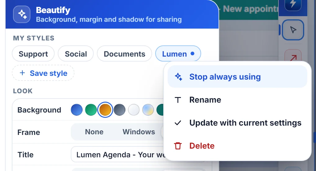 Menu do botão direito sobre um estilo no Embelezar com as opções para deixar de usar sempre, renomear, atualizar com os ajustes atuais e apagar