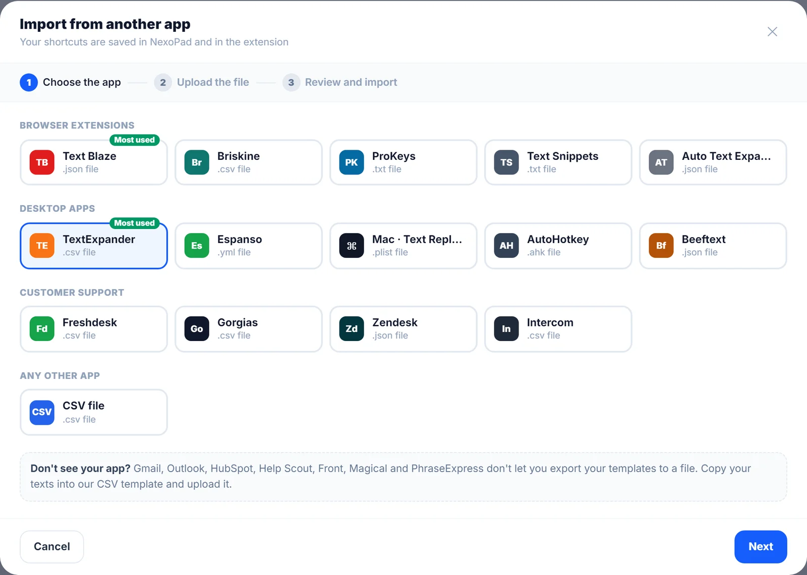 Liste der Apps im NexoPad-Importer