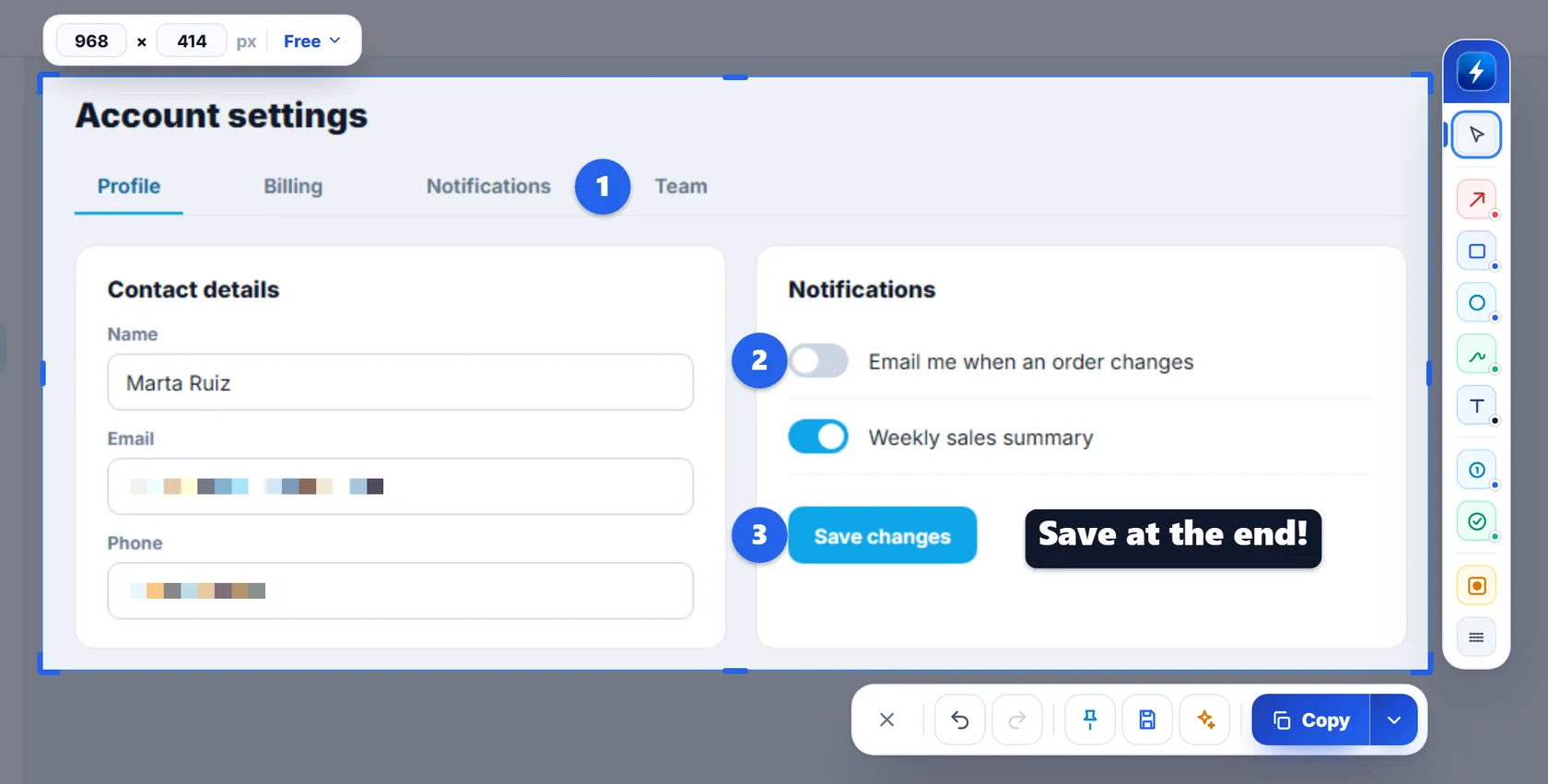 Editor de capturas do NexoPad com passos numerados, um texto e o e-mail e o telefone de uma cliente pixelizados