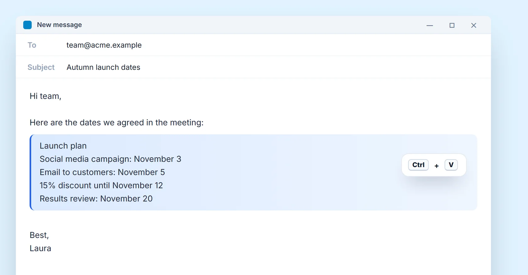 Email with the dates from the slide pasted as text