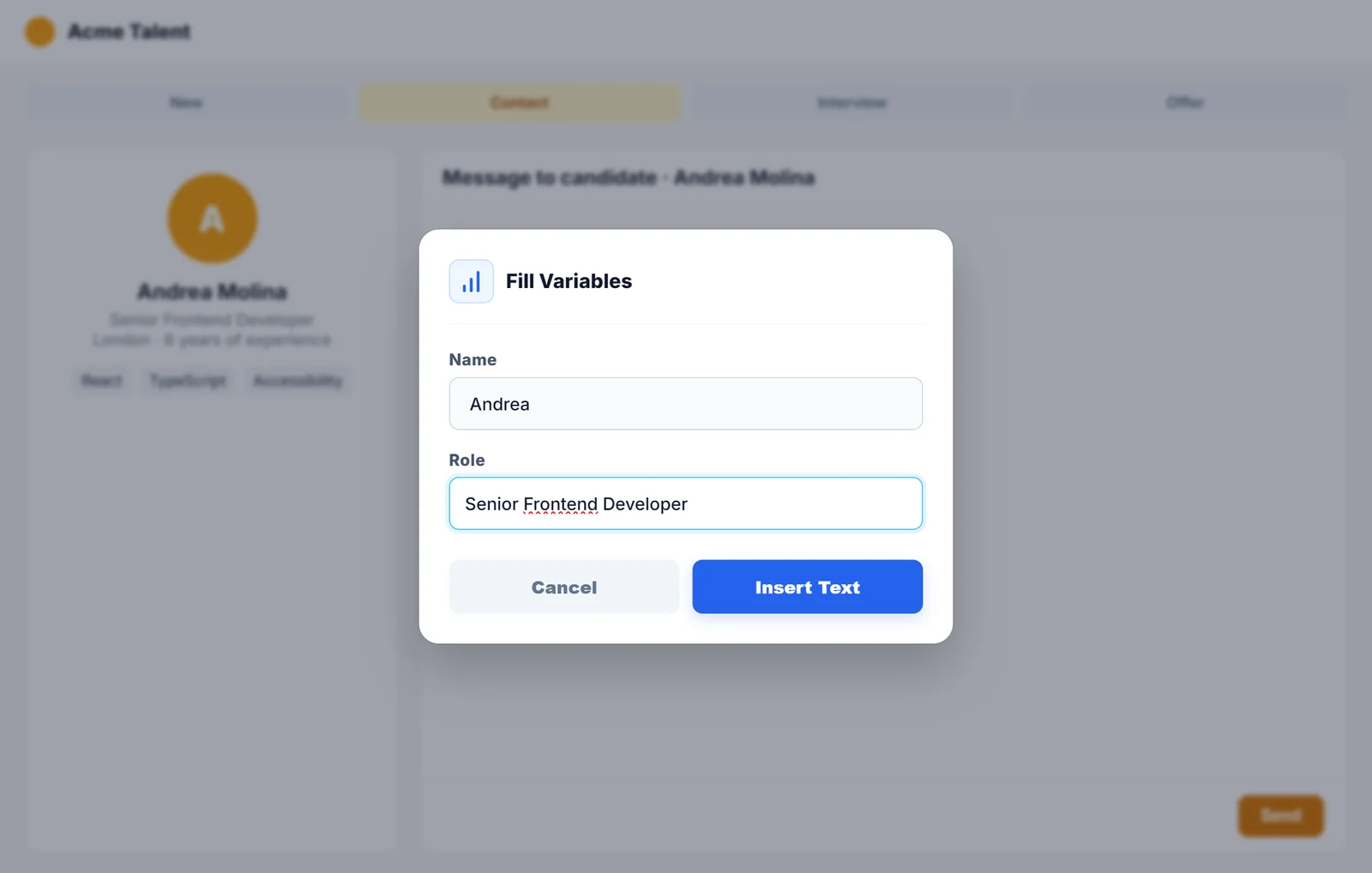 NexoPad asking for the candidate's name and role