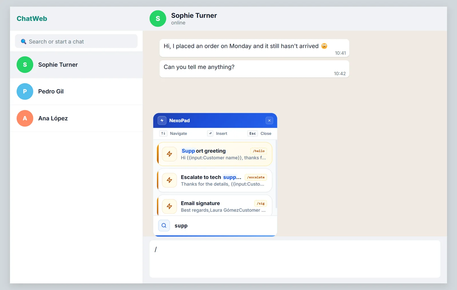 NexoPad // search in a web chat