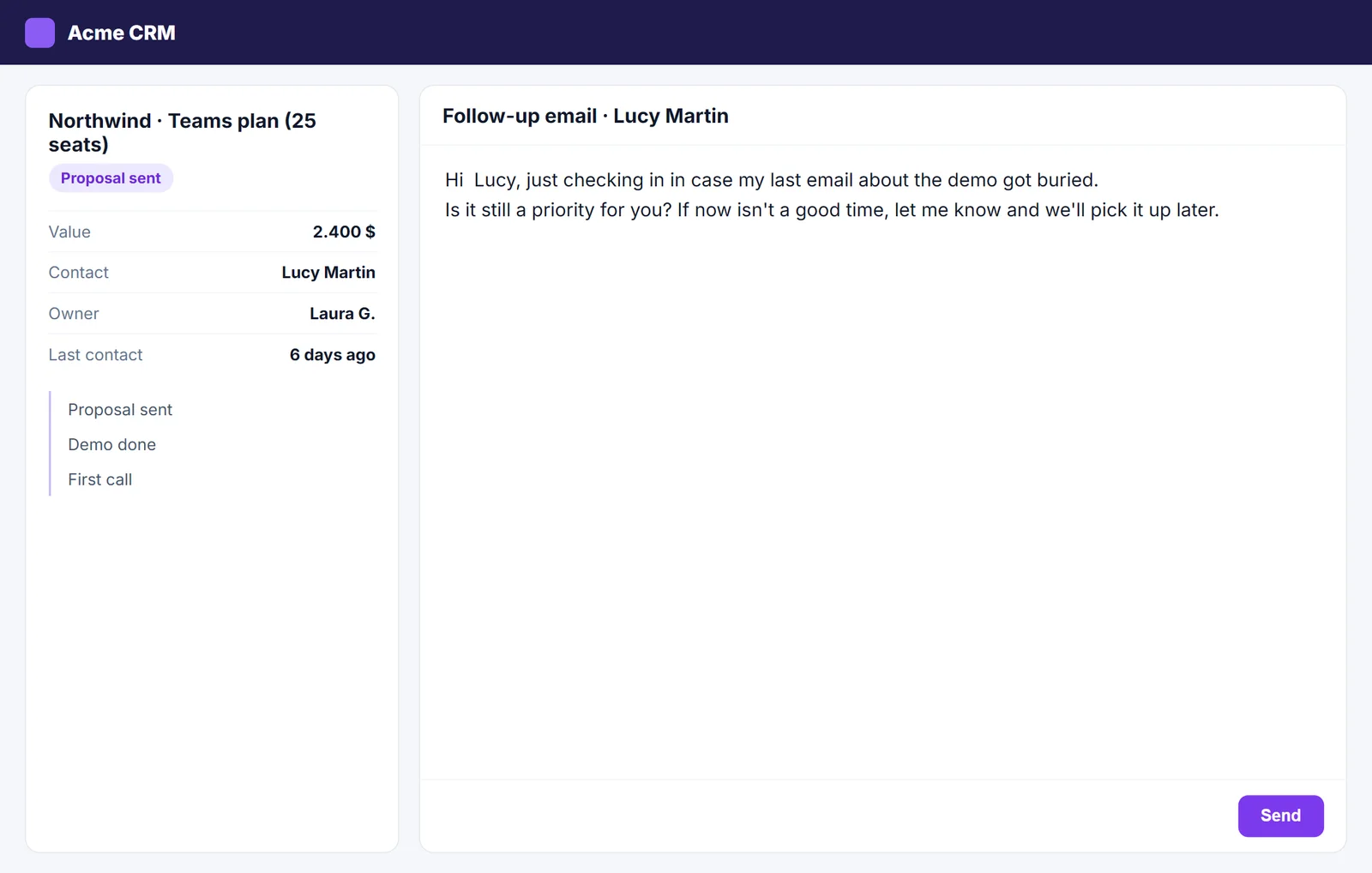 Follow-up email inserted in the CRM