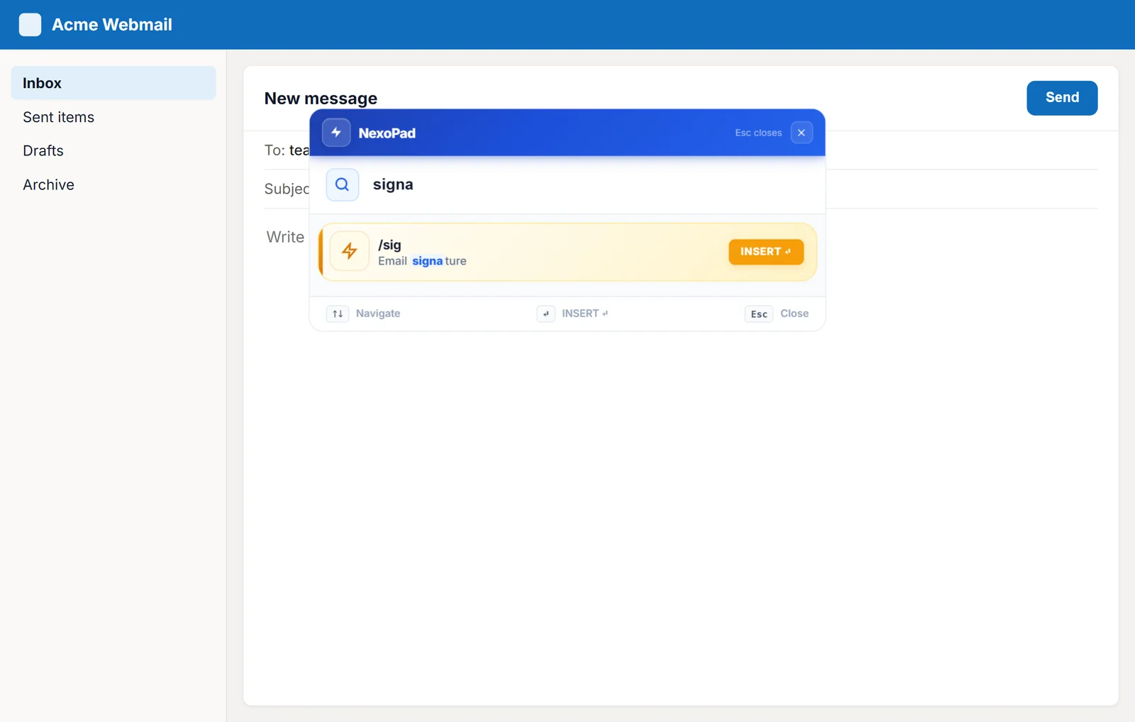 NexoPad Ctrl+K search inside a webmail
