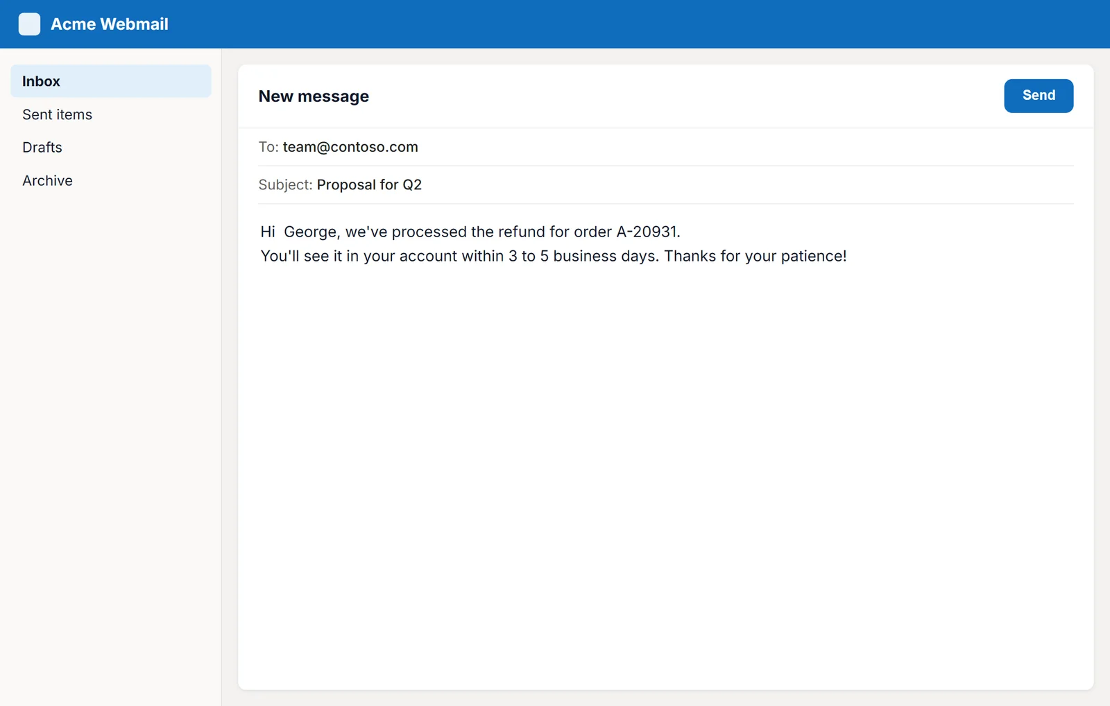 Refund reply inserted in an email