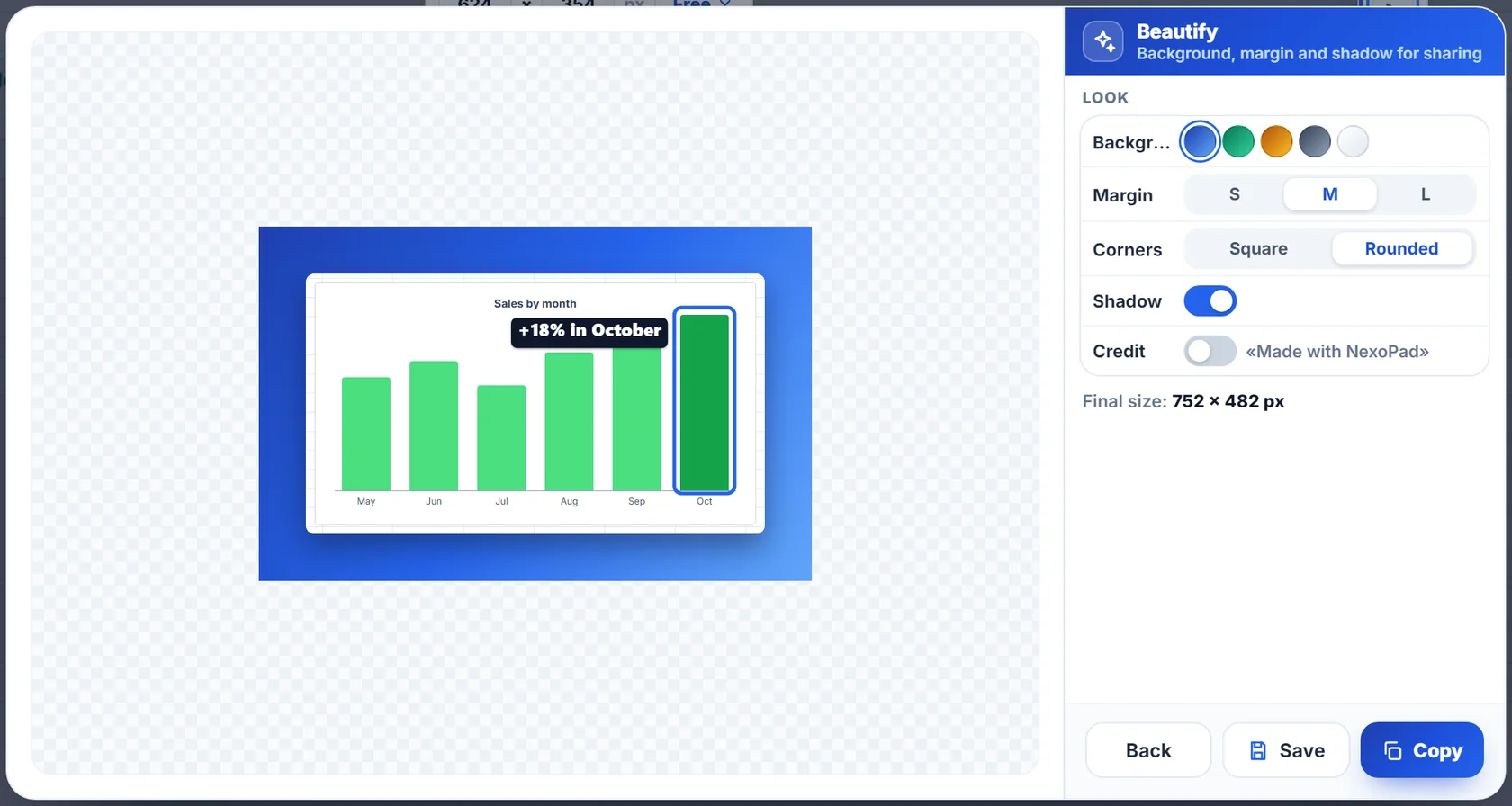 NexoPad Beautify window with a sales chart on a blue background, with margin and shadow