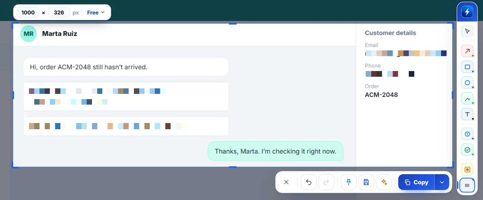 Support chat with a customer's phone number, email and address pixelated in the NexoPad editor
