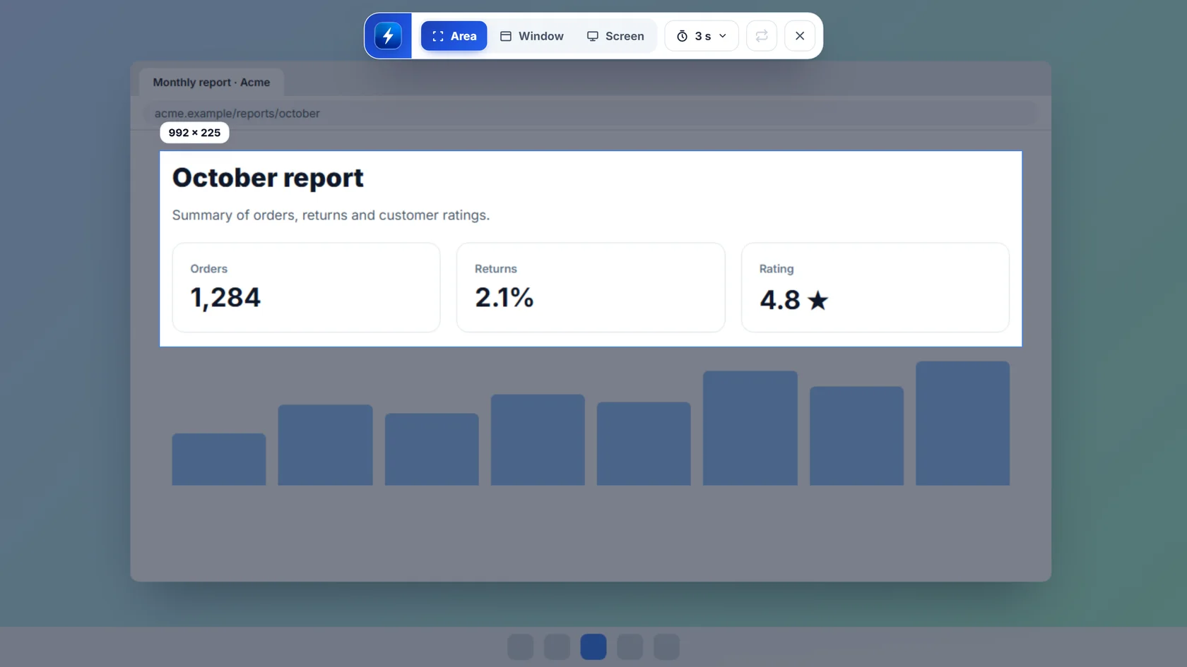 NexoPad toolbar with the Area, Window and Screen modes while picking an area of a report in the browser