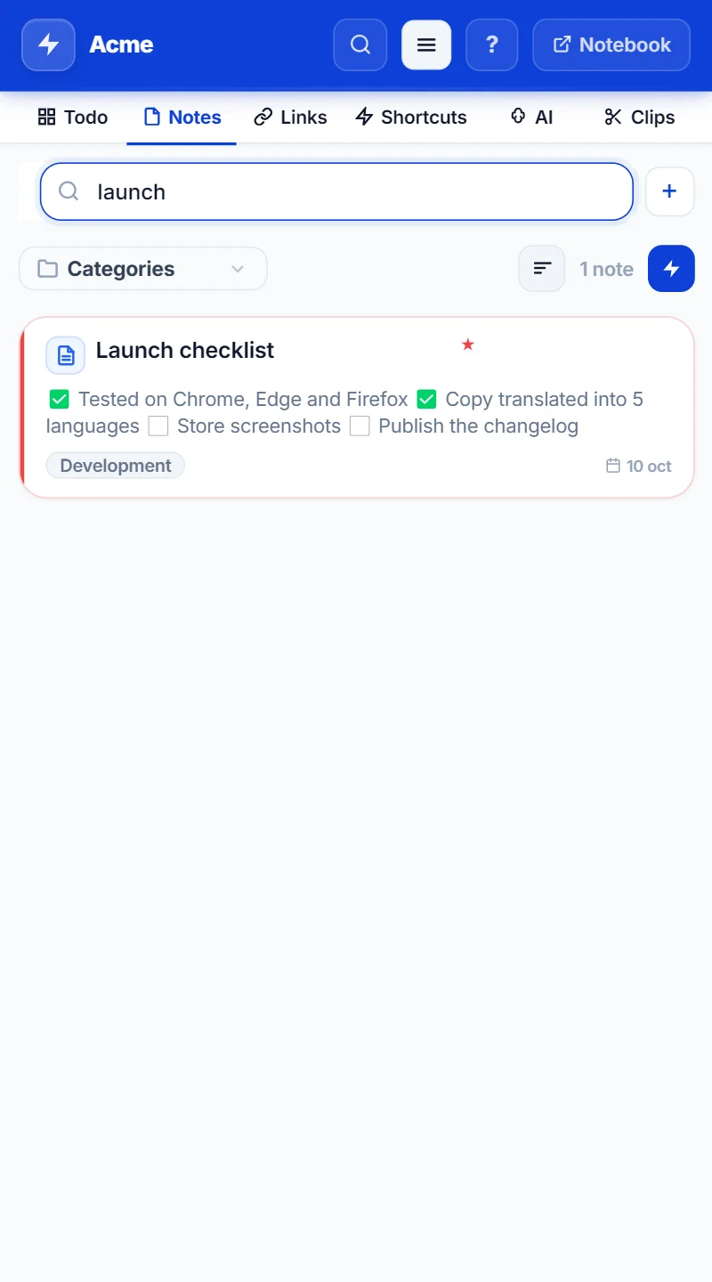 NexoPad side panel with notes